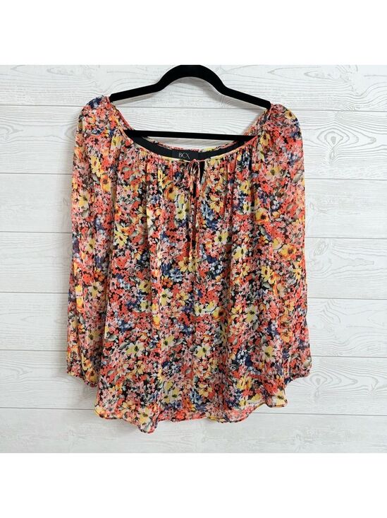 BCX Tops - BCX Women’s Peach Floral Sheer Boho Blouse Top. Size L